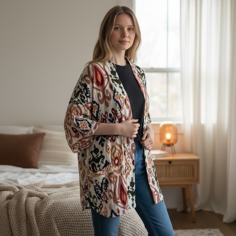 ZABA Womens Open Front Boho Ikat Print Kimono Cardigan Jacket Large
